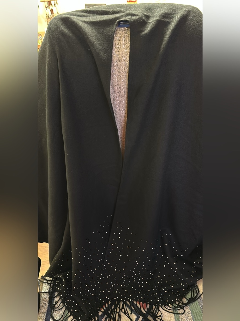 Adrienne Vittadini Black Studded Fringe Open-Front Shawl / Wrap